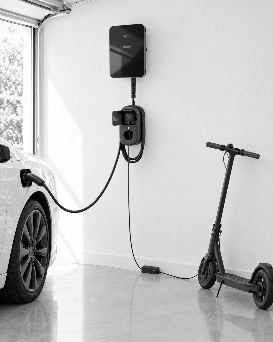 Garaje con un coche eléctrico cargando desde su punto de recarga y un patinete eléctrico cargando a la vez en el enchufe de Nordés