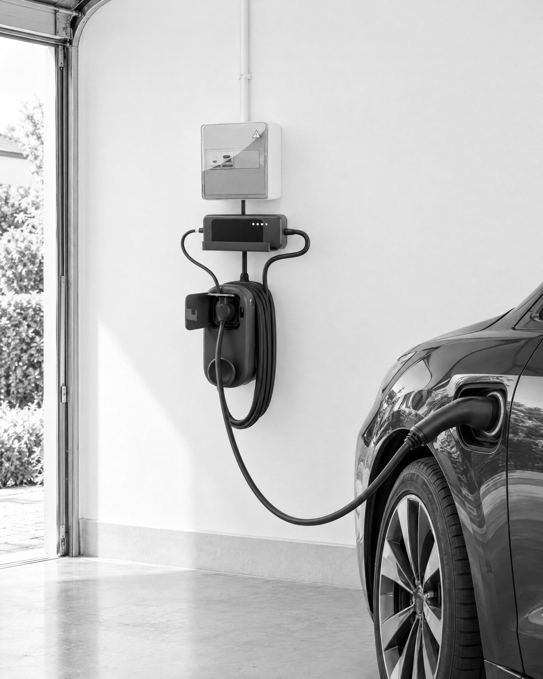 Coche eléctrico cargando con el cargador de emergencia enchufado en Nordés, bajo un cuadro de protecciones