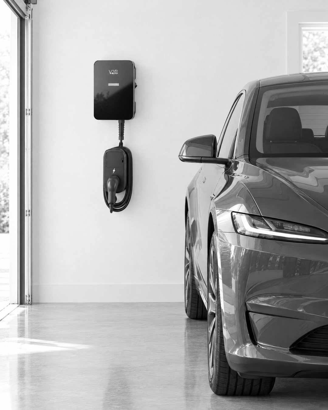 Coche eléctrico aparcado junto a Nordés, instalado bajo un cargador V2C Trydan