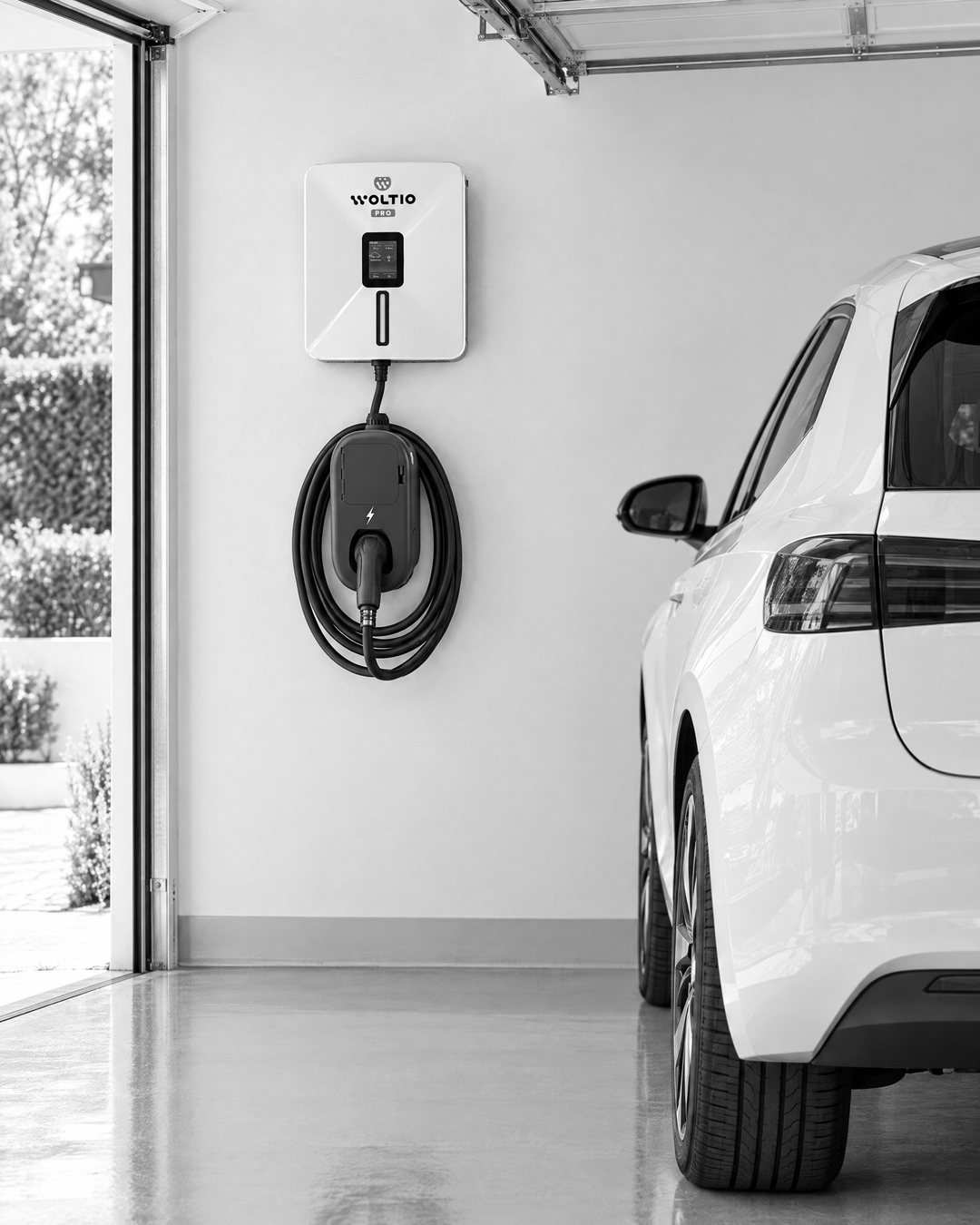 Coche eléctrico aparcado junto a Nordés, instalado bajo un cargador Woltio