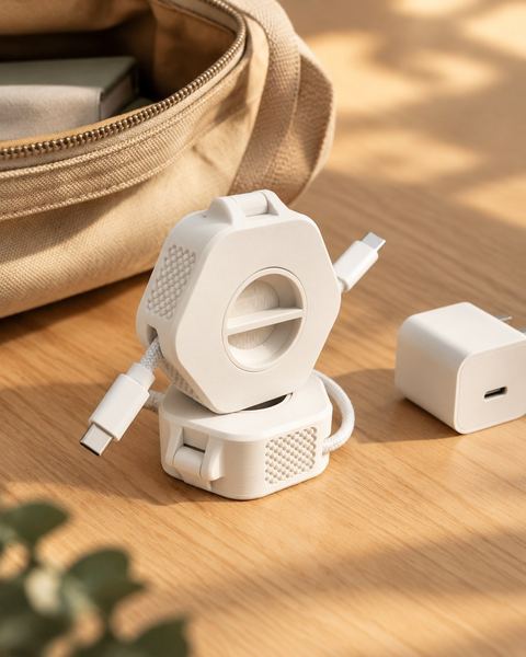 Enrollador de cable en uso: Mochila de trabajo, cajón de la mesa, bolsa de viaje